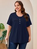 SHOWMALL Women's Plus Size Pleated Tunic Top, Short Sleeve Scoop Neck Shirt with Decorative Buttons, Casual Loose Fit Summer Blouse