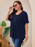 SHOWMALL Women's Plus Size Pleated Tunic Top, Short Sleeve Scoop Neck Shirt with Decorative Buttons, Casual Loose Fit Summer Blouse