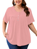 SHOWMALL Women's Plus Size Pleated Tunic Top, Short Sleeve Scoop Neck Shirt with Decorative Buttons, Casual Loose Fit Summer Blouse