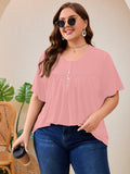SHOWMALL Women's Plus Size Pleated Tunic Top, Short Sleeve Scoop Neck Shirt with Decorative Buttons, Casual Loose Fit Summer Blouse