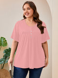 SHOWMALL Women's Plus Size Pleated Tunic Top, Short Sleeve Scoop Neck Shirt with Decorative Buttons, Casual Loose Fit Summer Blouse