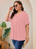 SHOWMALL Women's Plus Size Pleated Tunic Top, Short Sleeve Scoop Neck Shirt with Decorative Buttons, Casual Loose Fit Summer Blouse
