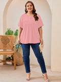 SHOWMALL Women's Plus Size Pleated Tunic Top, Short Sleeve Scoop Neck Shirt with Decorative Buttons, Casual Loose Fit Summer Blouse