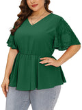 Women Plus Blouses Peplum Summer Lace Short Bell Sleeve Tops Dressy Cinched Waisted Chiffon