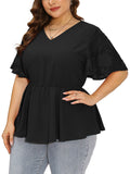 Women Plus Blouses Peplum Summer Lace Short Bell Sleeve Tops Dressy Cinched Waisted Chiffon