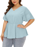 Women Plus Blouses Peplum Summer Lace Short Bell Sleeve Tops Dressy Cinched Waisted Chiffon