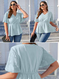 Women Plus Blouses Peplum Summer Lace Short Bell Sleeve Tops Dressy Cinched Waisted Chiffon