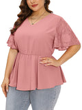 Women Plus Blouses Peplum Summer Lace Short Bell Sleeve Tops Dressy Cinched Waisted Chiffon