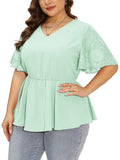 Women Plus Blouses Peplum Summer Lace Short Bell Sleeve Tops Dressy Cinched Waisted Chiffon