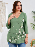 SHOWMALL Plus Size Tops for Women 3/4 Sleeve V Neck Tunic Tops Dressy Casual Blouses Shirts