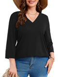 SHOWMALL Plus Size Tops for Women 3/4 Sleeve V Neck Tunic Tops Dressy Casual Blouses Shirts