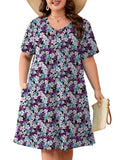 SHOWMALL Women's Plus Size Casual Dress with Pockets, Criss Cross V-Neck Soft Short Sleeve Sundress, Cozy Comfort Loungewear for Daily Wear