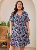 SHOWMALL Women's Plus Size Casual Dress with Pockets, Criss Cross V-Neck Soft Short Sleeve Sundress, Cozy Comfort Loungewear for Daily Wear