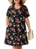 SHOWMALL Women's Plus Size Casual Dress with Pockets, Criss Cross V-Neck Soft Short Sleeve Sundress, Cozy Comfort Loungewear for Daily Wear