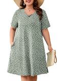 SHOWMALL Women's Plus Size Casual Dress with Pockets, Criss Cross V-Neck Soft Short Sleeve Sundress, Cozy Comfort Loungewear for Daily Wear