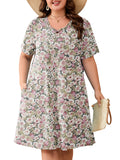 SHOWMALL Women's Plus Size Casual Dress with Pockets, Criss Cross V-Neck Soft Short Sleeve Sundress, Cozy Comfort Loungewear for Daily Wear