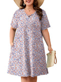 SHOWMALL Women's Plus Size Casual Dress with Pockets, Criss Cross V-Neck Soft Short Sleeve Sundress, Cozy Comfort Loungewear for Daily Wear