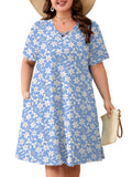 SHOWMALL Women's Plus Size Casual Dress with Pockets, Criss Cross V-Neck Soft Short Sleeve Sundress, Cozy Comfort Loungewear for Daily Wear