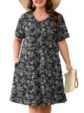 SHOWMALL Women's Plus Size Casual Dress with Pockets, Criss Cross V-Neck Soft Short Sleeve Sundress, Cozy Comfort Loungewear for Daily Wear