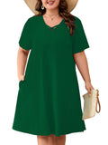 SHOWMALL Women's Plus Size Casual Dress with Pockets, Criss Cross V-Neck Soft Short Sleeve Sundress, Cozy Comfort Loungewear for Daily Wear