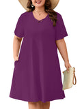 SHOWMALL Women's Plus Size Casual Dress with Pockets, Criss Cross V-Neck Soft Short Sleeve Sundress, Cozy Comfort Loungewear for Daily Wear
