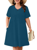SHOWMALL Women's Plus Size Casual Dress with Pockets, Criss Cross V-Neck Soft Short Sleeve Sundress, Cozy Comfort Loungewear for Daily Wear