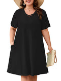 SHOWMALL Women's Plus Size Casual Dress with Pockets, Criss Cross V-Neck Soft Short Sleeve Sundress, Cozy Comfort Loungewear for Daily Wear