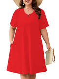 SHOWMALL Women's Plus Size Casual Dress with Pockets, Criss Cross V-Neck Soft Short Sleeve Sundress, Cozy Comfort Loungewear for Daily Wear