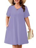 SHOWMALL Women's Plus Size Casual Dress with Pockets, Criss Cross V-Neck Soft Short Sleeve Sundress, Cozy Comfort Loungewear for Daily Wear