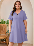 SHOWMALL Women's Plus Size Casual Dress with Pockets, Criss Cross V-Neck Soft Short Sleeve Sundress, Cozy Comfort Loungewear for Daily Wear