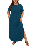 SHOWMALL Women's Plus Size Short Sleeve Maxi Dress, Side Slit Rounded Hem Long T-Shirt Dress with Pockets for Vacation & Casual Wear