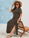 SHOWMALL Women's Plus Size Short Sleeve Maxi Dress, Side Slit Rounded Hem Long T-Shirt Dress with Pockets for Vacation & Casual Wear