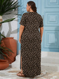 SHOWMALL Women's Plus Size Short Sleeve Maxi Dress, Side Slit Rounded Hem Long T-Shirt Dress with Pockets for Vacation & Casual Wear