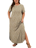 SHOWMALL Women's Plus Size Short Sleeve Maxi Dress, Side Slit Rounded Hem Long T-Shirt Dress with Pockets for Vacation & Casual Wear