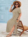 SHOWMALL Women's Plus Size Short Sleeve Maxi Dress, Side Slit Rounded Hem Long T-Shirt Dress with Pockets for Vacation & Casual Wear