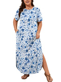 SHOWMALL Women's Plus Size Short Sleeve Maxi Dress, Side Slit Rounded Hem Long T-Shirt Dress with Pockets for Vacation & Casual Wear