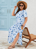 SHOWMALL Women's Plus Size Short Sleeve Maxi Dress, Side Slit Rounded Hem Long T-Shirt Dress with Pockets for Vacation & Casual Wear
