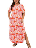 SHOWMALL Women's Plus Size Short Sleeve Maxi Dress, Side Slit Rounded Hem Long T-Shirt Dress with Pockets for Vacation & Casual Wear