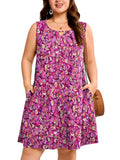 SHOWMALL Plus Size Sleeveless Summer Dress for Women, Keyhole Cutout Pleated Neck A-Line Dress with Pockets, Soft Casual Sun Dress