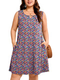 SHOWMALL Plus Size Sleeveless Summer Dress for Women, Keyhole Cutout Pleated Neck A-Line Dress with Pockets, Soft Casual Sun Dress