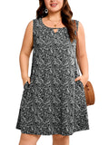 SHOWMALL Plus Size Sleeveless Summer Dress for Women, Keyhole Cutout Pleated Neck A-Line Dress with Pockets, Soft Casual Sun Dress
