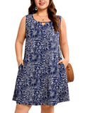 SHOWMALL Plus Size Sleeveless Summer Dress for Women, Keyhole Cutout Pleated Neck A-Line Dress with Pockets, Soft Casual Sun Dress