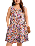 SHOWMALL Plus Size Sleeveless Summer Dress for Women, Keyhole Cutout Pleated Neck A-Line Dress with Pockets, Soft Casual Sun Dress