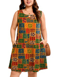 SHOWMALL Plus Size Sleeveless Summer Dress for Women, Keyhole Cutout Pleated Neck A-Line Dress with Pockets, Soft Casual Sun Dress