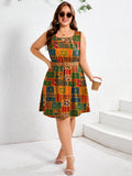 SHOWMALL Plus Size Sleeveless Summer Dress for Women, Keyhole Cutout Pleated Neck A-Line Dress with Pockets, Soft Casual Sun Dress