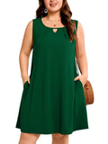 SHOWMALL Plus Size Sleeveless Summer Dress for Women, Keyhole Cutout Pleated Neck A-Line Dress with Pockets, Soft Casual Sun Dress