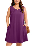 SHOWMALL Plus Size Sleeveless Summer Dress for Women, Keyhole Cutout Pleated Neck A-Line Dress with Pockets, Soft Casual Sun Dress