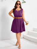 SHOWMALL Plus Size Sleeveless Summer Dress for Women, Keyhole Cutout Pleated Neck A-Line Dress with Pockets, Soft Casual Sun Dress