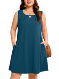 SHOWMALL Plus Size Sleeveless Summer Dress for Women, Keyhole Cutout Pleated Neck A-Line Dress with Pockets, Soft Casual Sun Dress