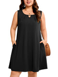 SHOWMALL Plus Size Sleeveless Summer Dress for Women, Keyhole Cutout Pleated Neck A-Line Dress with Pockets, Soft Casual Sun Dress